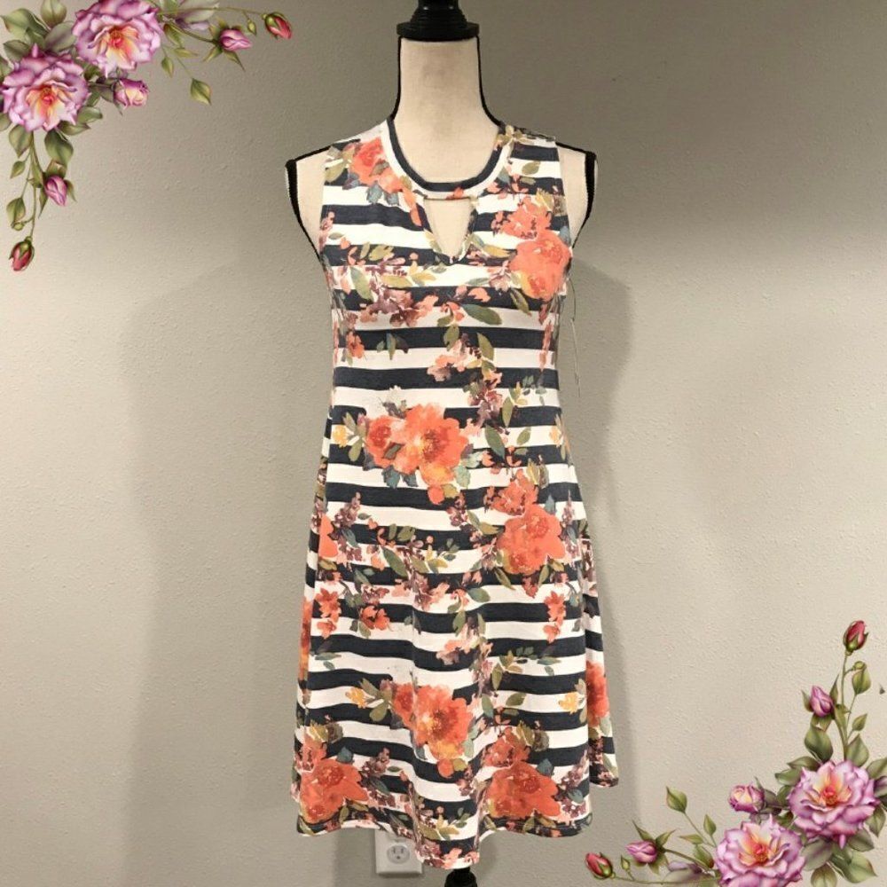 Striped floral sleeveless a-line dress